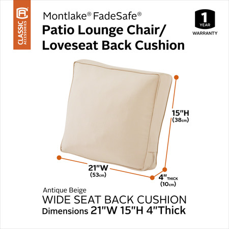 Classic Accessories Montlake FadeSafe Patio Lounge Chair/Loveseat Back Cushion, 21 x 15 x 4 Inch, Antique Beige 62-065-BEIGE-EC
